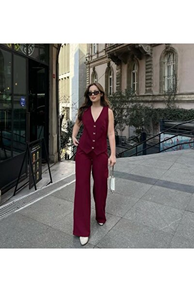 Shield Life Bordo Kadın ikili Takım Gold Düğme Detaylı Boru Paça Blazer Yelek Pantolon Klasik Takım