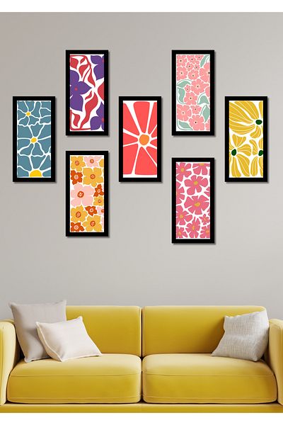 NT Handmade 7 Piece 20 X 10 Modern Flowers Wall Decor Painting Set for Salon Living Bedroom Kitchen