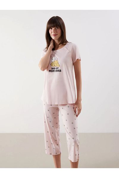 LC Waikiki Lcw Dream Pink Crew Neck Printed Maternity Pajamas Set