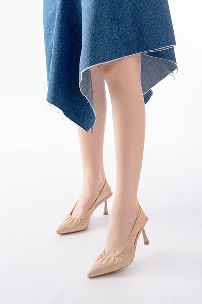 Aymood INF-40451 Pantofi de zi cu toc cu spate deschis din piele lacuita bej