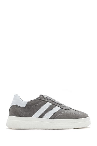 Derimod Women's Gray Lace-Up Thick Soled Suede Leather Sneaker 25Sfd 511010