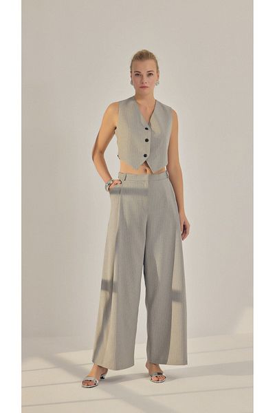 yakestore Striped Short Vest Wide Leg Pants Set