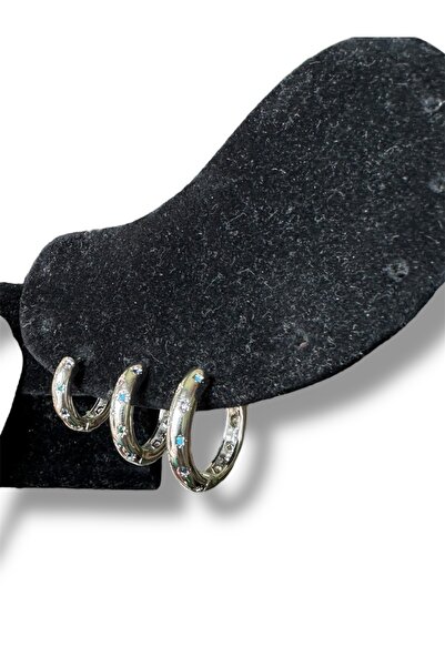 Kırmızı Sanat Evi Üçlü Büyükten Küçüğe Renkli Minik Taşlı Çelik Küpe