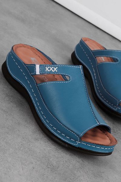 Lal Shoes & Bags Papuci de damă din piele naturală - model albastru, cu o singură curea și cu talpă înaltă