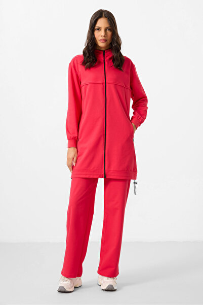 TOMMY LIFE Viva Kırmızı Dik Yaka Fermuarlı Pamuklu Kadın Eşofman Tunik Takım - 95346
