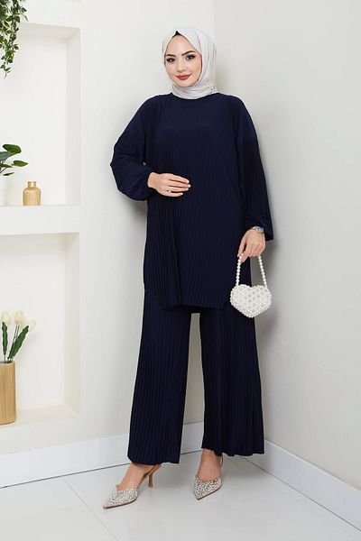 Moda MSK Navy Blue Pleated Trousers Double Suit Sandy