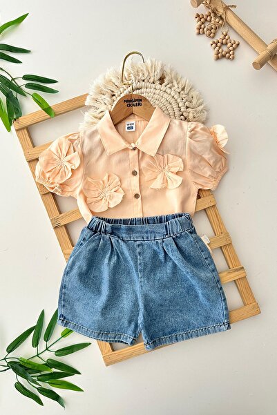 Minigimin Cicileri Міні-комбінезон для дівчинки з бавовняною сорочкою з деталями у вигляді троянд і шортами з джинсової тканини - Kavuniçi
