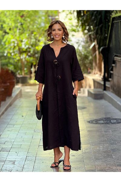 Nevin Kaya Moda Μαύρο λινό ιταλικό φόρεμα με 2 κουμπιά