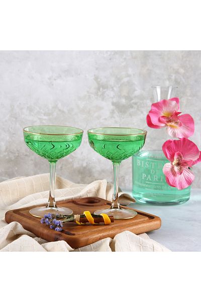 ADAMODART Gilded Decorated Coupe Cocktail Glass & Goblet Set of 2 - Green