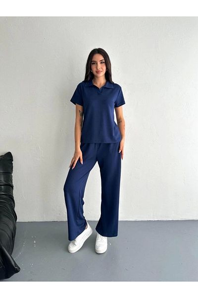 Tam12den Home Short Sleeve Collared T-Shirt Pantalon Double Suit - Navy Blue