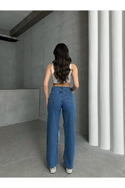 SHEVEGA Dámské modré džíny s dvojitým laserovým rozparkem na kolenou, vysoký pas, volné nohavice