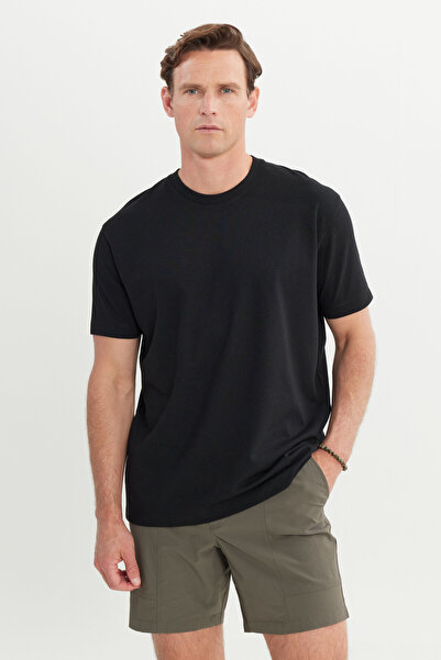 AC&Co / Altınyıldız Classics Ανδρικό μπλουζάκι από μαύρο βαμβακερό μοντέρνο μπλουζάκι με χαλαρή εφαρμογή