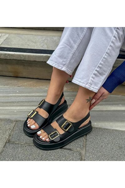 OCHRE Black Garda Wedge Heeled Double Strap Buckle Detailed Elastic Women's S...