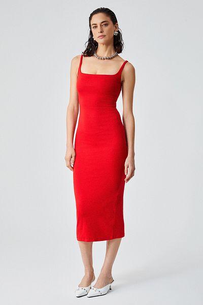 GRIMELANGE Rinia Women's Slim Fit Wide Collar Strap Red Dress