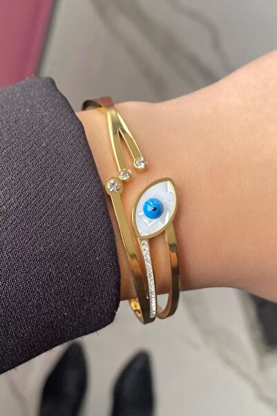 TakıDolabı سوار من الفولاذ مع أشكال خرز عين الشر باللون الذهبي