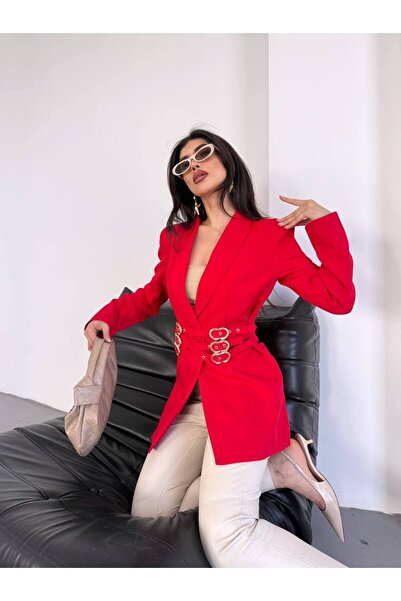 BARG FASHION Kadın Kemer Detaylı Uzun Blazer Ceket