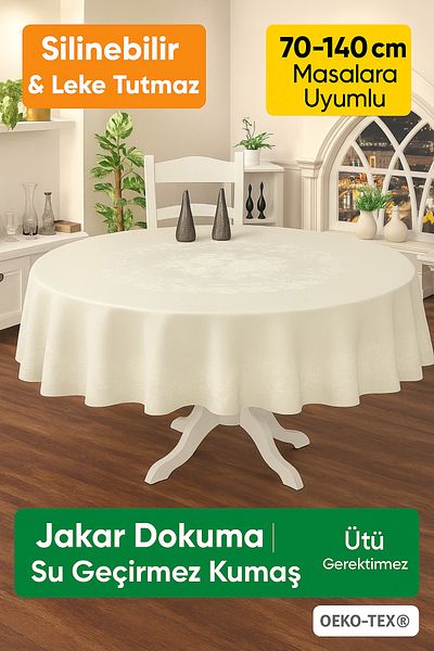 NEEA HOME Jumbo Dertsiz Cream Jacquard Round Tablecloth 160X160 cm Erasable Dirt Stain Resistant Liquid Proof
