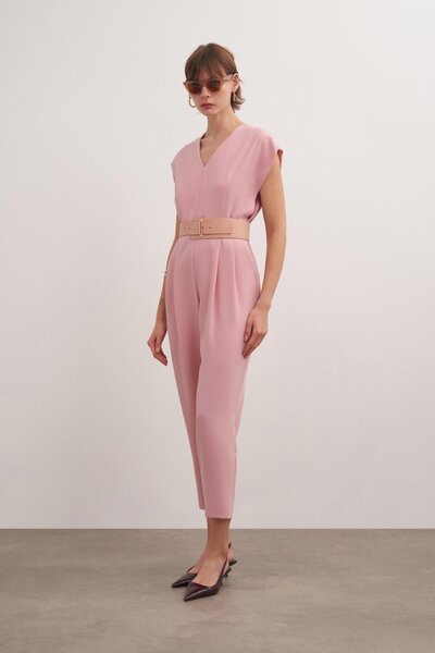 BİRELİN V Yaka Krep Tulum İtalyan Kili