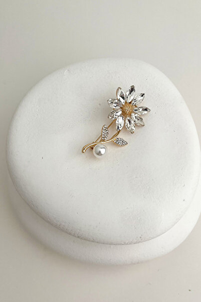 Modex Altın Rengi Mekik Taşlı İnci Detay Çiçek Broş (5cm)