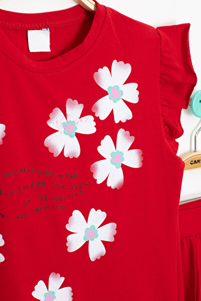 Cansın Mini Kırmızı Çiçek Desenli Fırfır Detaylı Kız Çocuk Şortlu Takım 20600