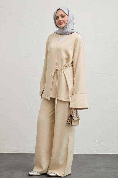 InStyle طقم كيمونو كتان مزدوج باللون البيج