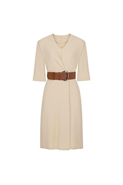 BİRELİN Kruvaze Görünümlü Viskon Elbise Açık Altın