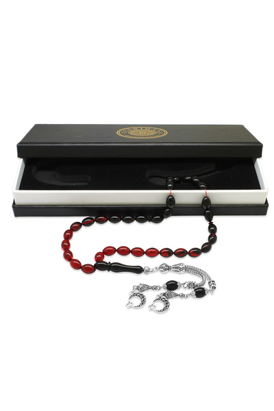 Tesbihane Ayyıldız Kararmaz Metal Püsküllü Arpa Kesim Süzme Kırmızı-siyah Ateş Kehribar Tesbih