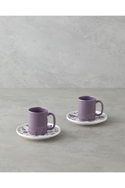 English Home Floretta Bone Porcelain 4 Piece Coffee Cup Set for 2 People 90 ml Purple