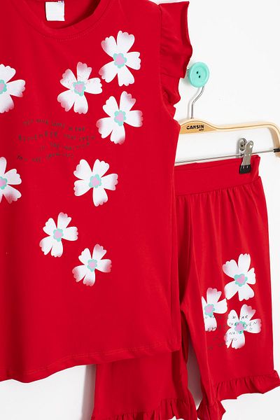 Cansın Mini Red Floral Patterned Ruffle Detailed Girl's Shorts Suit 20600