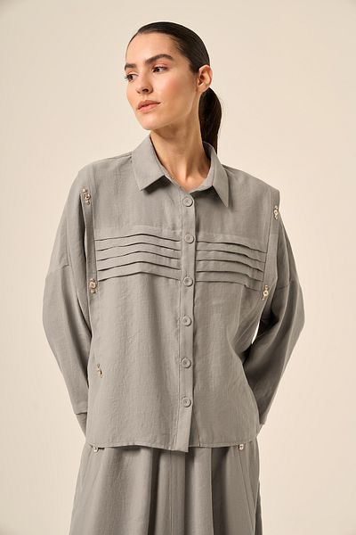 Ceremony Pile Detailed Skirted Pasion Suit 5908 Gray