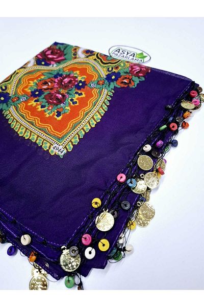 ASYA PAZARLAMA Purple Writing and Beaded Shawl, Keshan, Kerchief, Scarf, Hairband and Bandana