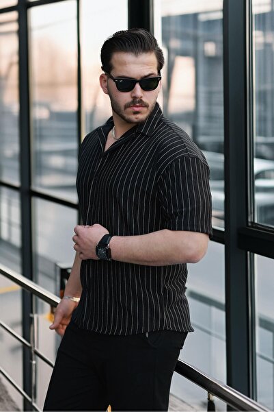 Valiberta Апаш яка креп плат с ивици, полудълга мъжка риза - черна