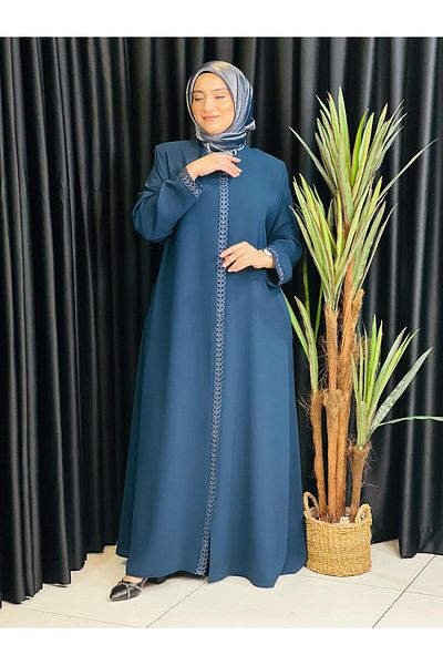 Butik büyük beden Luxury Crepe Ferace with Embroidery on the Front