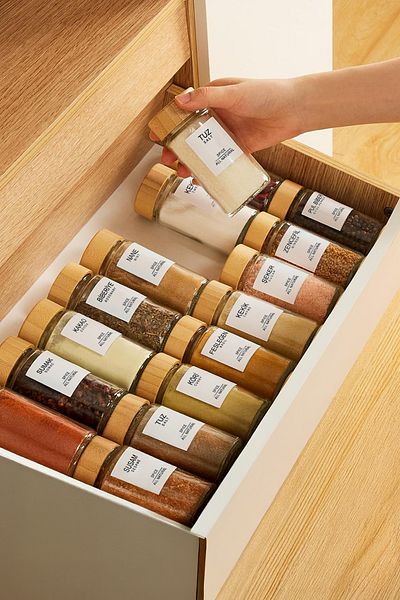 Kitchen Life 12Pcs Bamboo Lid Round Glass Spice Rack Set / 56Pcs Labels Gift