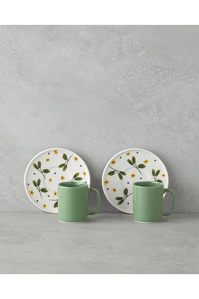English Home Bone Porcelain 4 Piece Coffee Cup Set for 2 People 90 ml Green