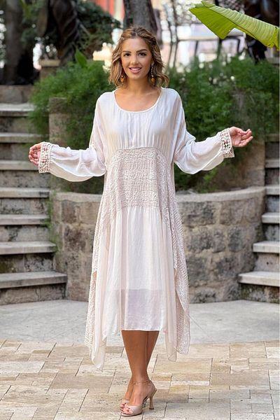 Nevin Kaya Moda Cream Color Italian Silk Lined Dress