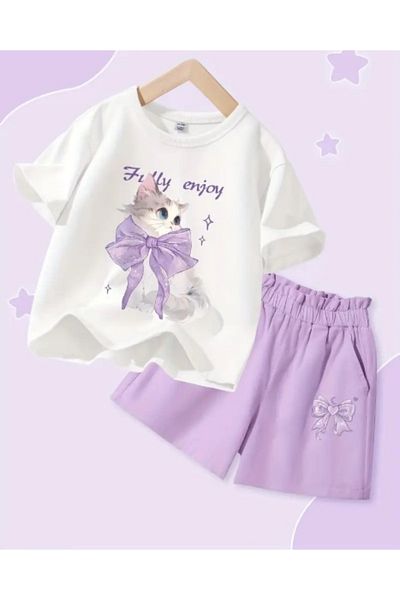 npLStore Children's Fully Enjoy Kitten Printed Shorts T-Shirt Bottom-Top Set
