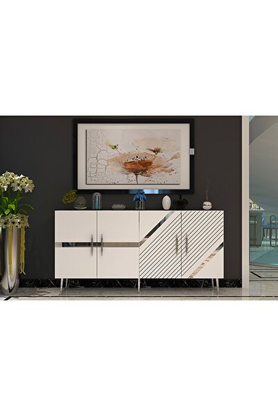 zerkaconcept Pınar Konsol Tv Sehpası Çok Amaçlı Dolap Beyaz Gümüş 150 cm