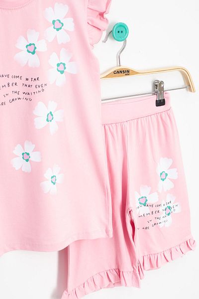 Cansın Mini Salmon Flower Patterned Ruffle Detailed Girl's Shorts Suit 20596
