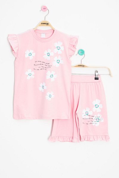 Cansın Mini Salmon Flower Patterned Ruffle Detailed Girl's Shorts Suit 20596