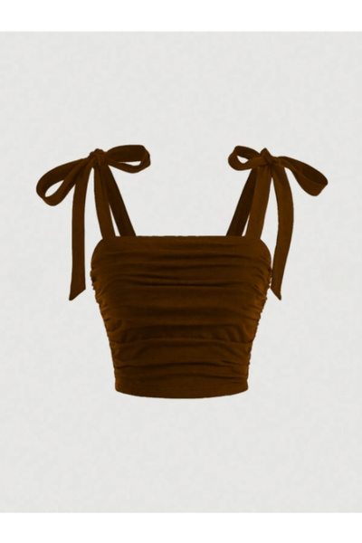 MOONBULL Women's Crop Blouse with Tie-Up Shoulders