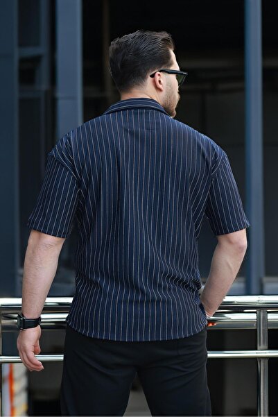 Valiberta Апаш яка креп плат с ивици, полудълга мъжка риза - тъмно син