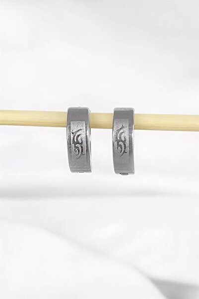 TakıDolabı Silver color tribal pattern unisex hoop earrings (pair)