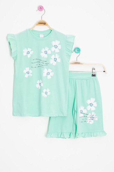 Cansın Mini Mint Flower Patterned Ruffle Detailed Girl's Shorts Suit 20601