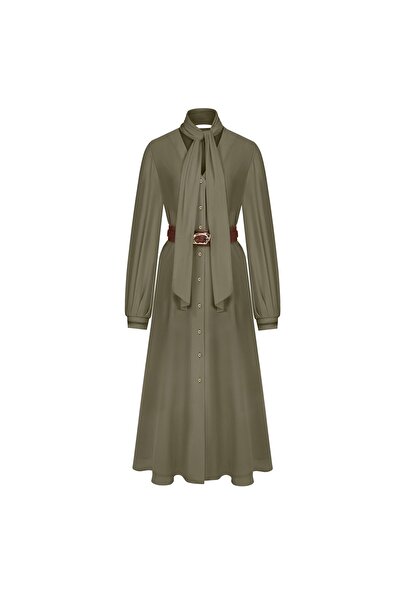 BİRELİN Fular Detaylı Dökümlü Elbise Deniz Yosunu