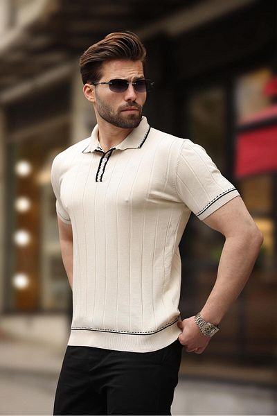 Madmext Ecru Buttoned Polo Neck Men's Knitwear T-Shirt E7408