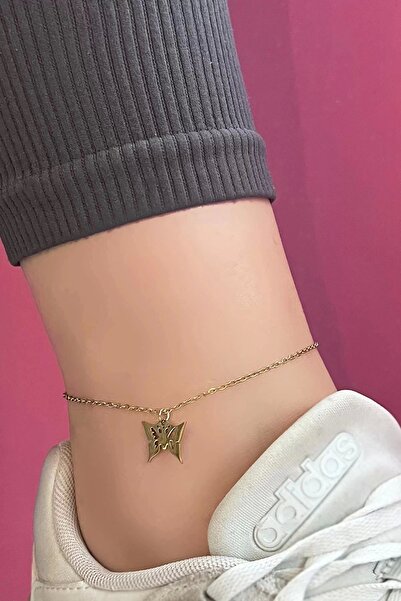 TakıDolabı Gold Color Butterfly Figured Steel Anklet