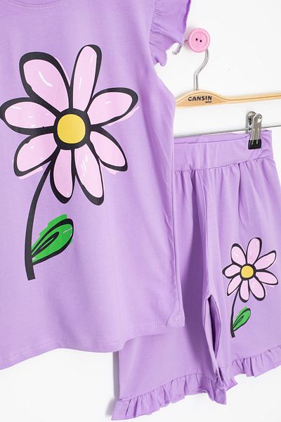 Cansın Mini Lilac Daisy Printed Ruffle Detailed Girl's Shorts Set of 2 20604