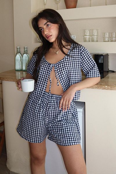 Madmext Navy Blue Gingham Shorts Blouse Set Mg2373