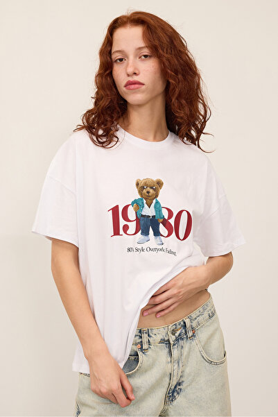 Addax Teddy Bear Printed Short Sleeve Oversize T-Shirt P13716-Asn75